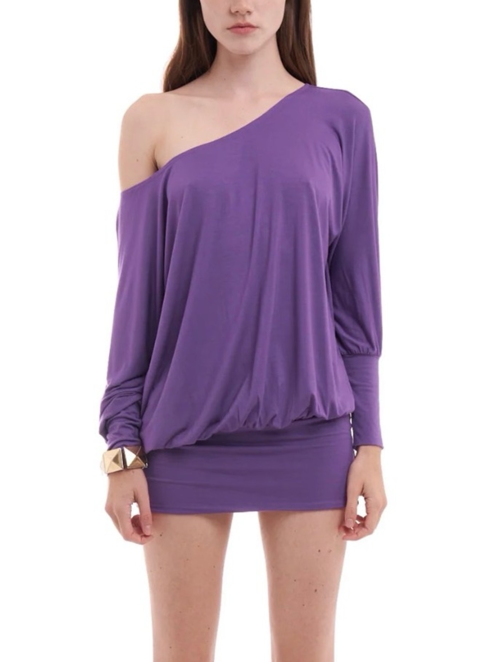 Off-Shoulder Purple Mini Dress with Blouson Bodice